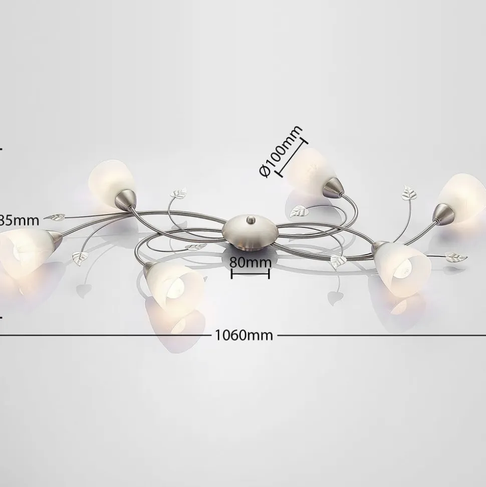 Lindby loftlampe Yannie, 6 lyskilder, 106 cm, nikkel/hvid, glas