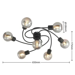 Lindby loftslampe Ciala, 7-lys, sort, smoke, glas