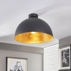 Lindby loftslampe Lya, Ø 40 cm, sort-guld, metal