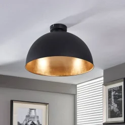 Lindby loftslampe Lya, Ø 40 cm, sort-guld, metal