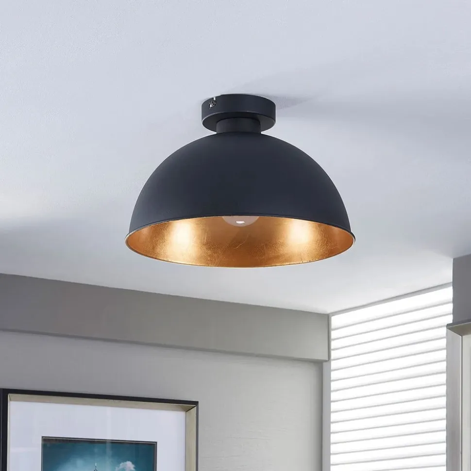 Lindby loftslampe Lya, Ø 31 cm, sort-guld, metal, E27
