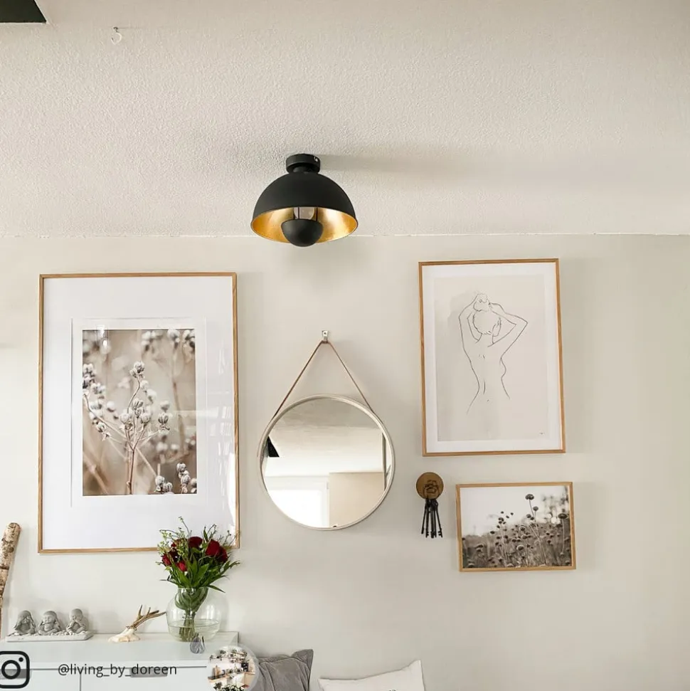 Lindby loftslampe Lya, Ø 31 cm, sort-guld, metal, E27