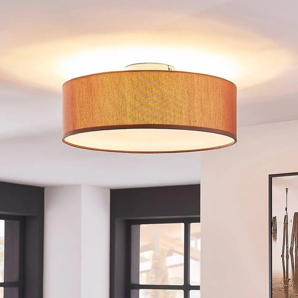 Lindby loftslampe Sebatin, Ø 40 cm, lysebrun, stof, E27