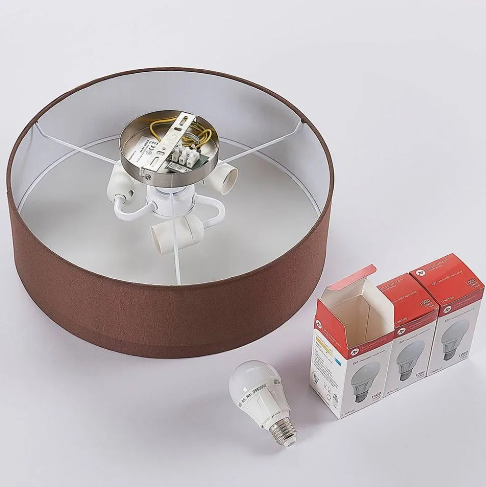 Lindby loftslampe Sebatin, Ø 40 cm, lysebrun, stof, E27