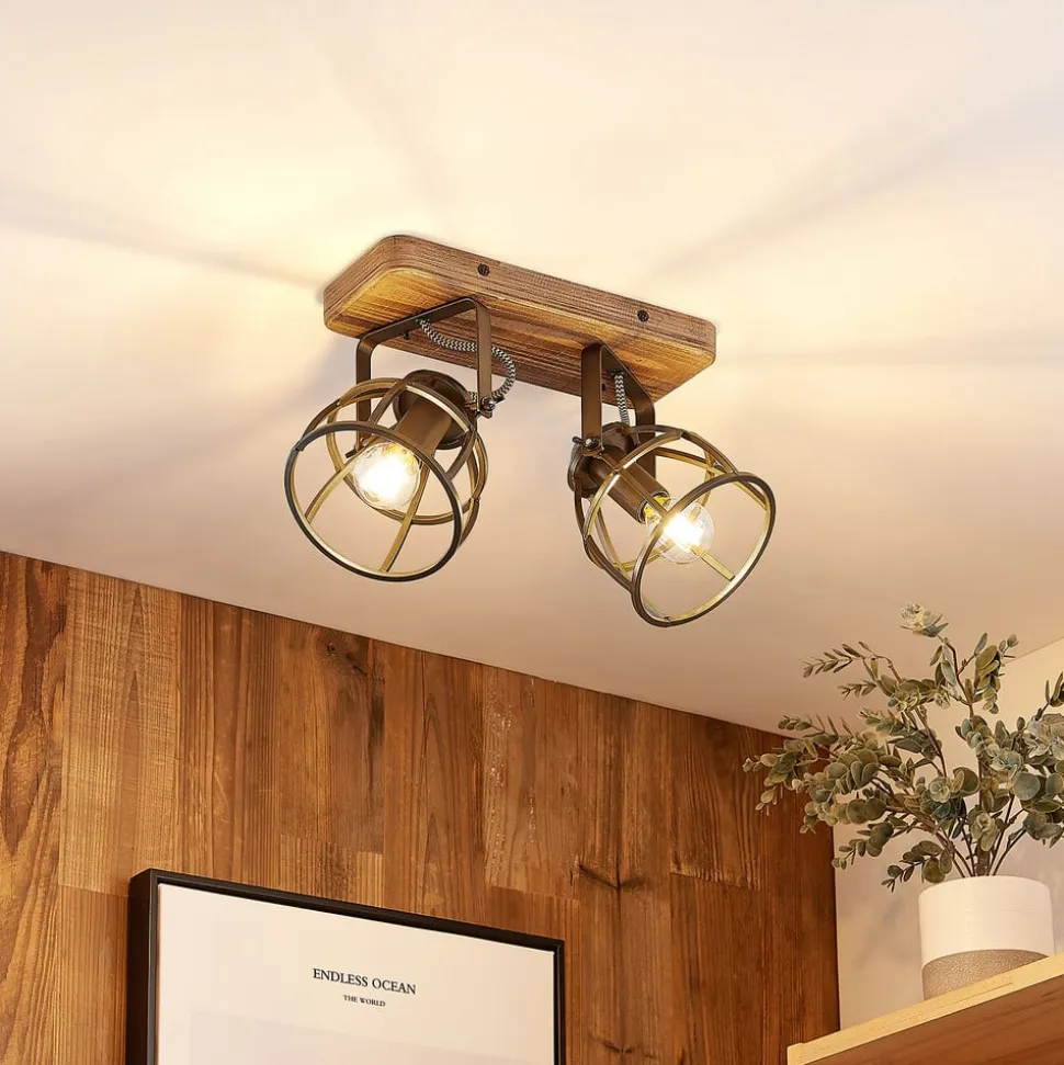 Lindby loftspot Rutger, 36 cm, 2 lyskilder, træ, bur, E14