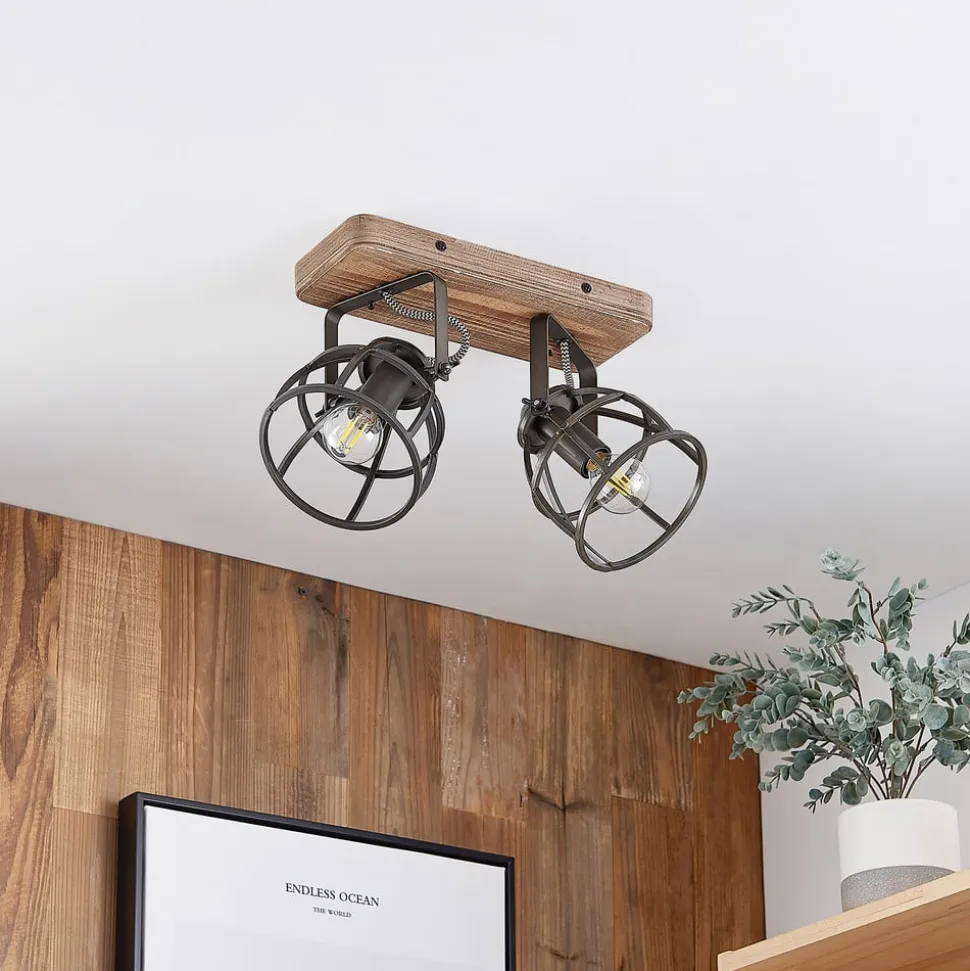 Lindby loftspot Rutger, 36 cm, 2 lyskilder, træ, bur, E14