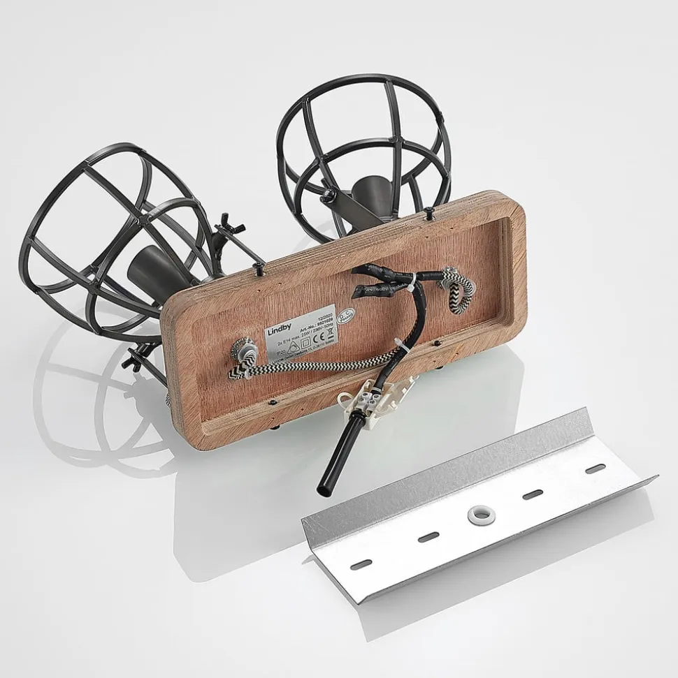 Lindby loftspot Rutger, 36 cm, 2 lyskilder, træ, bur, E14