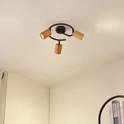 Lindby loftspot Stralino, 3 lyskilder, Ø31cm, træ, GU10