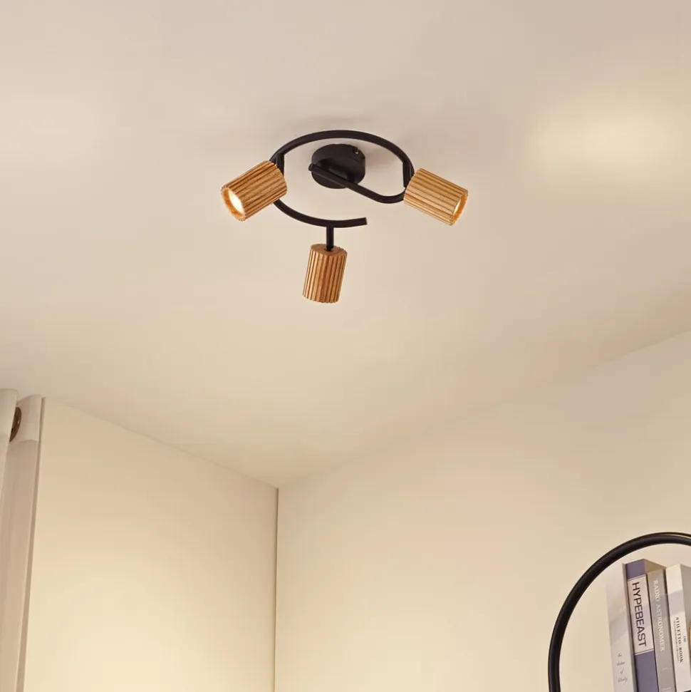 Lindby loftspot Stralino, 3 lyskilder, Ø31cm, træ, GU10