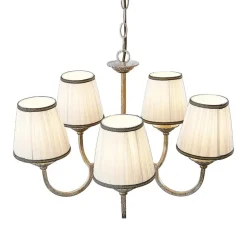 Lindby lysekrone Lumiel, 5-lys, creme/messing, tekstil