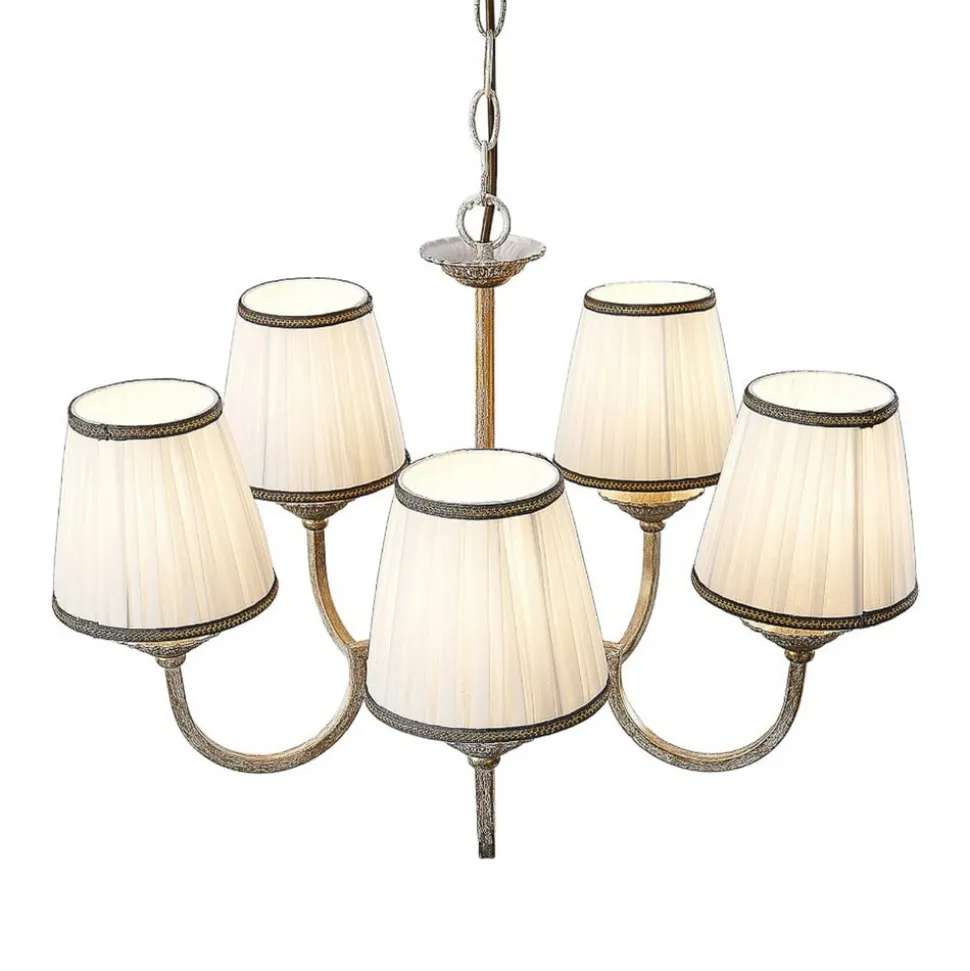 Lindby lysekrone Lumiel, 5-lys, creme/messing, tekstil
