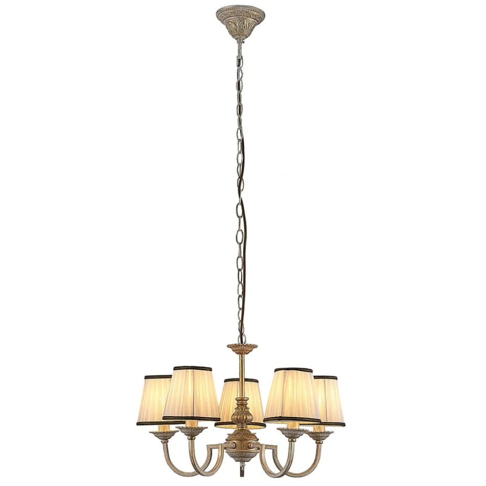 Lindby lysekrone Lumiel, 5-lys, creme/messing, tekstil