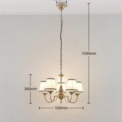 Lindby lysekrone Lumiel, 5-lys, creme/messing, tekstil