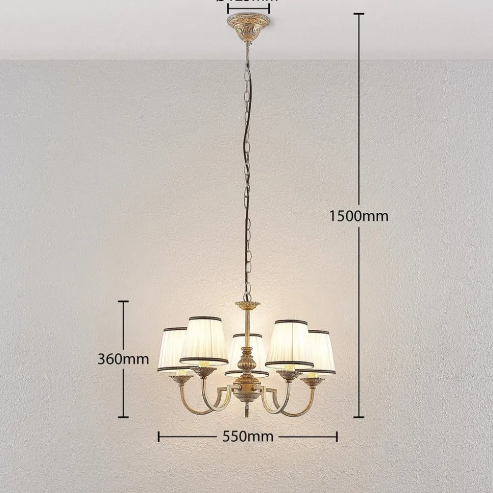 Lindby lysekrone Lumiel, 5-lys, creme/messing, tekstil