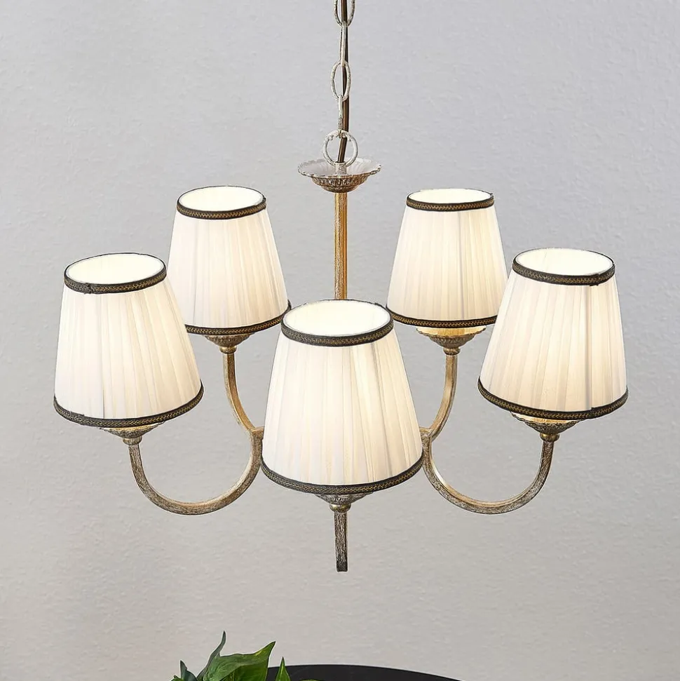 Lindby lysekrone Lumiel, 5-lys, creme/messing, tekstil