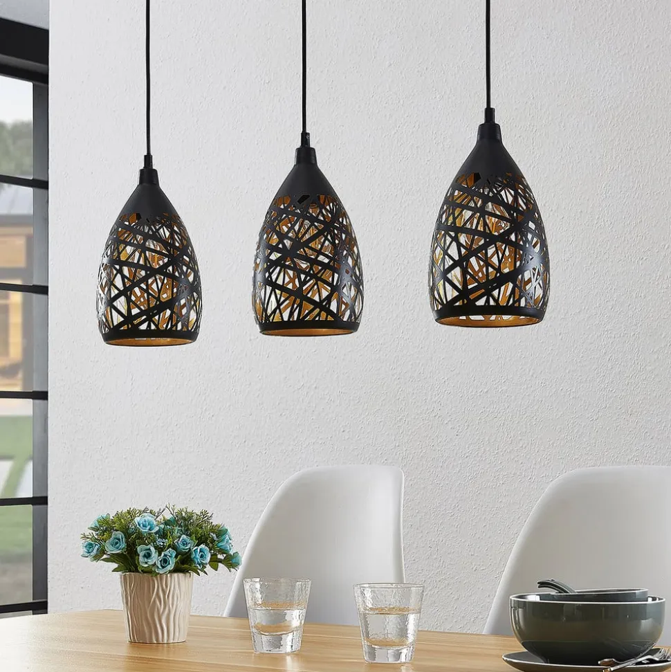 Lindby Marcello pendellampe, 75 cm, 3 lyskilder, sort-guld