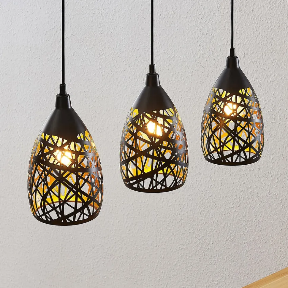 Lindby Marcello pendellampe, 75 cm, 3 lyskilder, sort-guld