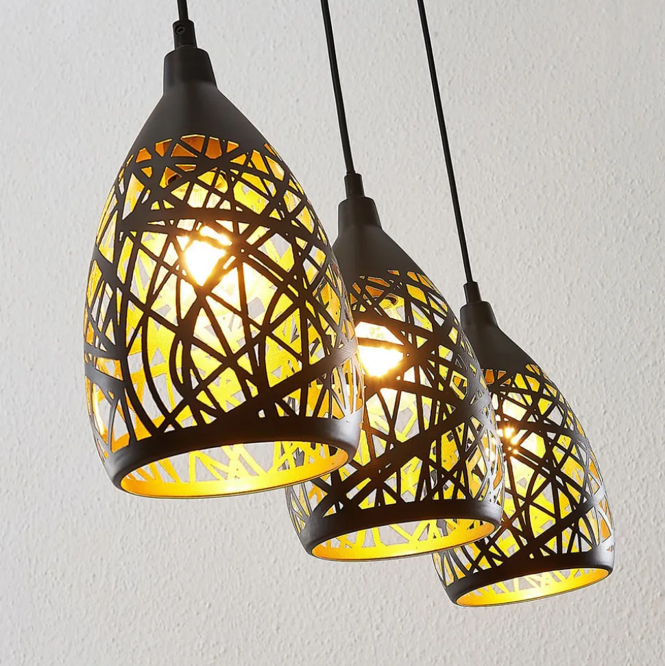 Lindby Marcello pendellampe, 75 cm, 3 lyskilder, sort-guld