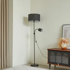 Lindby Melanie gulvlampe, grå, stof, Ø 36 cm, 2 lyskilder.