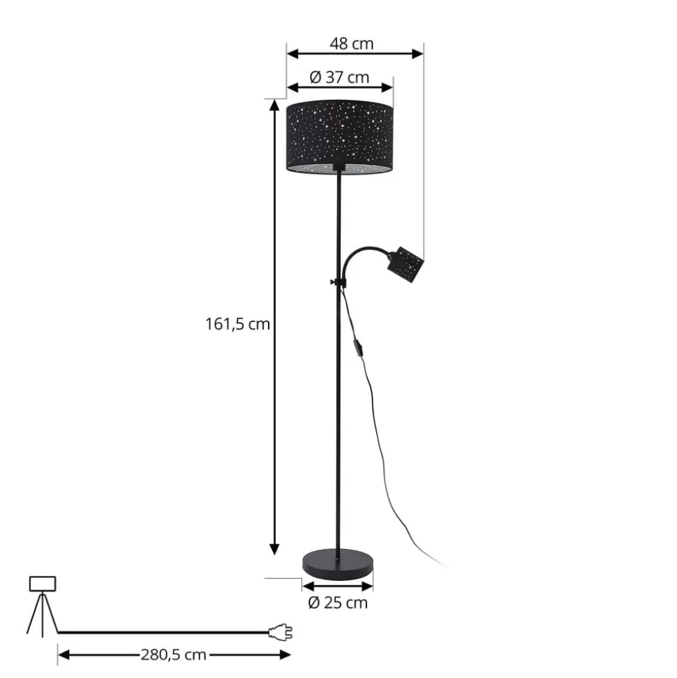 Lindby Melanie gulvlampe, sort, stof, Ø 36 cm, 2 lyskilder.