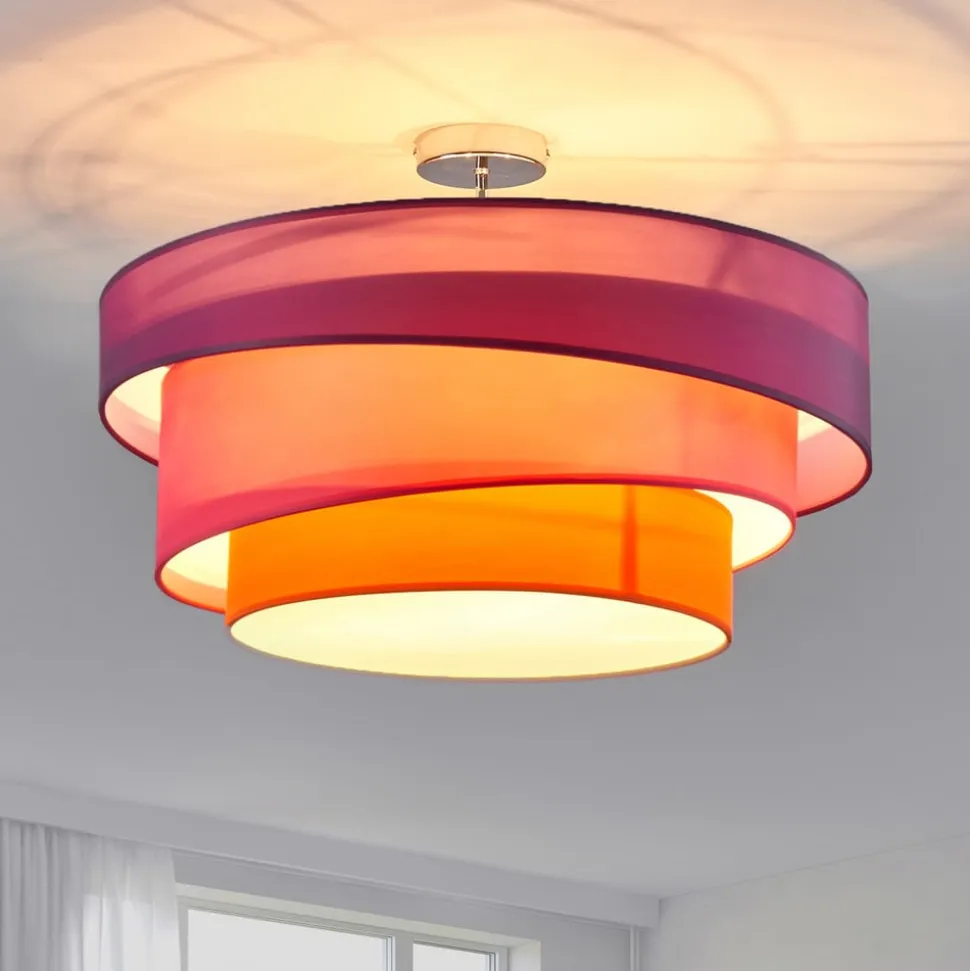 Lindby Melia loftlampe, lilla/pink/orange, tekstil, Ø56cm