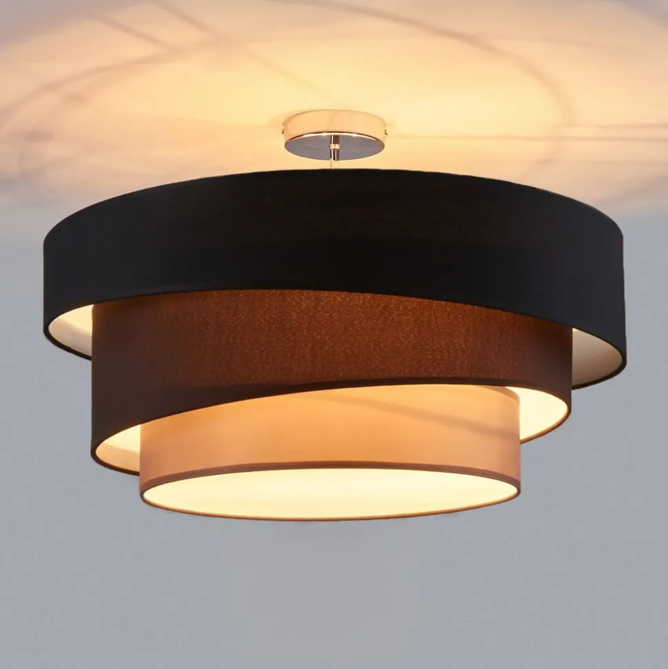Lindby Melia loftlampe, sort/brun, tekstil, Ø 56cm