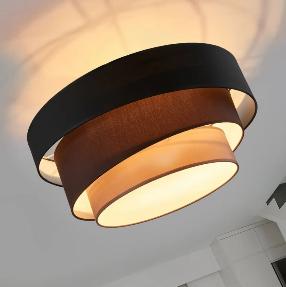 Lindby Melia loftlampe, sort/brun, tekstil, Ø 56cm