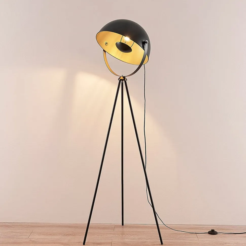 Lindby Meline gulvlampe, sort/guld, metal, trefod