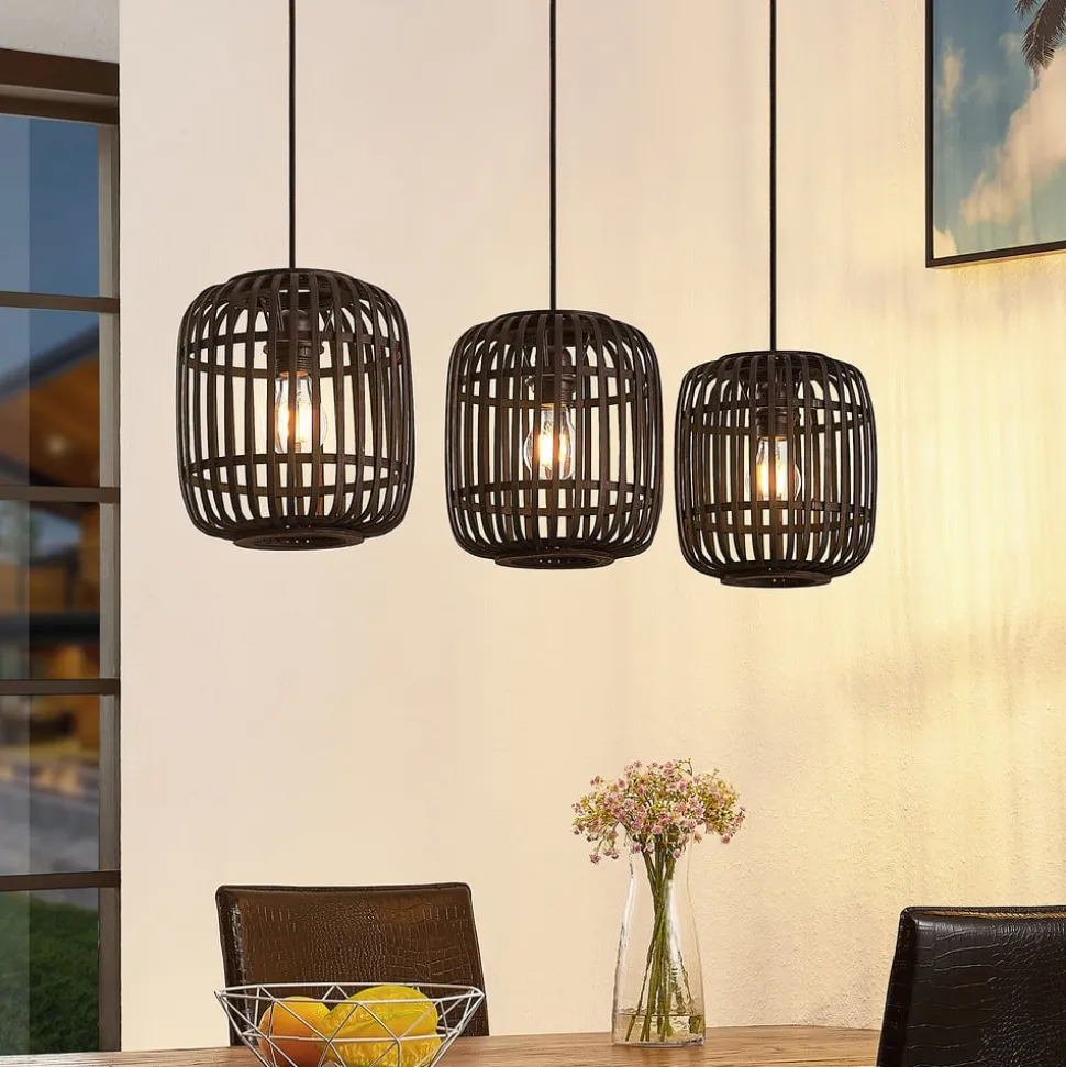 Lindby pendellampe Canyana, sort, 3-lys, rattan, 105 cm