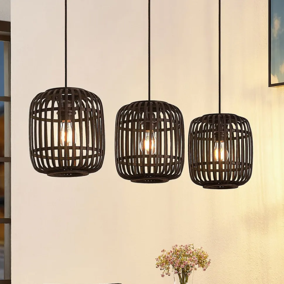 Lindby pendellampe Canyana, sort, 3-lys, rattan, 105 cm