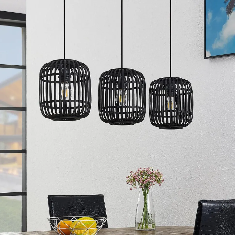 Lindby pendellampe Canyana, sort, 3-lys, rattan, 105 cm