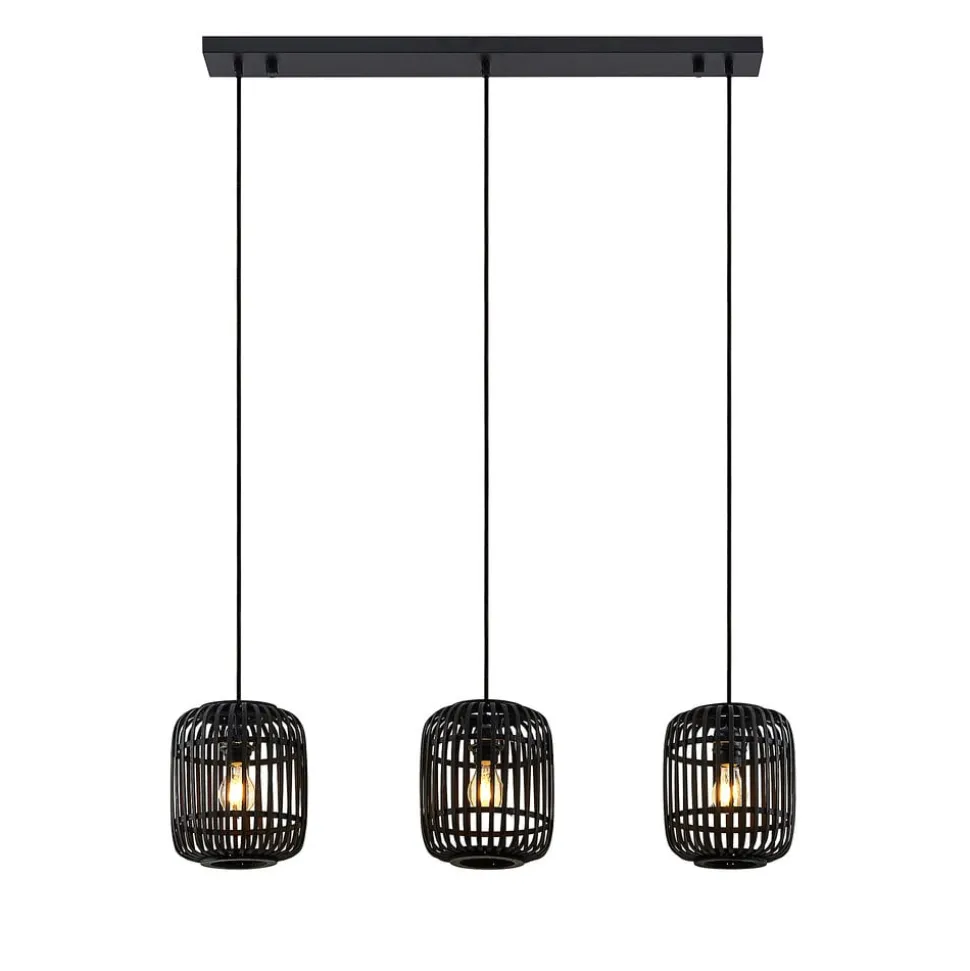 Lindby pendellampe Canyana, sort, 3-lys, rattan, 105 cm