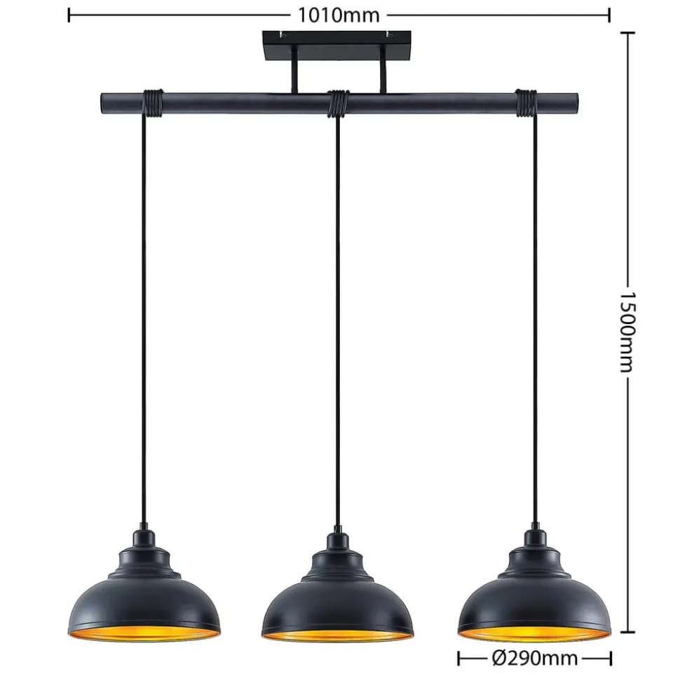 Lindby pendellampe Emna, 3 lyskilder, sort/guld, metal, 101 cm