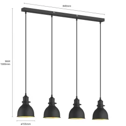 Lindby pendellampe Jasminka, sort/guld, metal, 4 lyskilder.