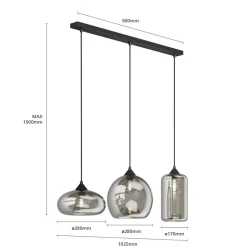 Lindby pendellampe Marla, 3 lyskilder, glas, røgfarvet grå, 102 cm