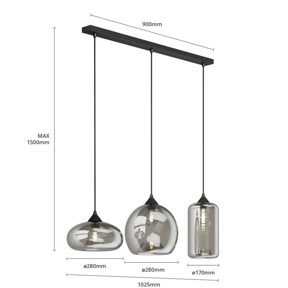 Lindby pendellampe Marla, 3 lyskilder, glas, røgfarvet grå, 102 cm