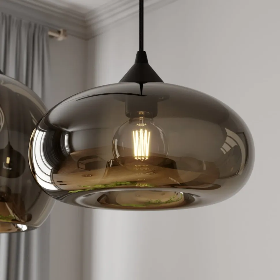 Lindby pendellampe Marla, 3 lyskilder, glas, røgfarvet grå, 102 cm