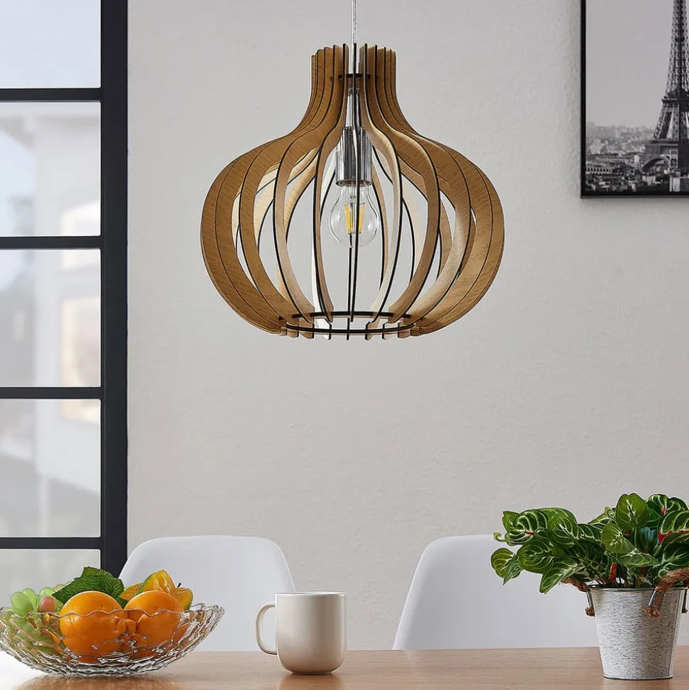 Lindby pendellampe Sina, Ø 35 cm, træ, E27