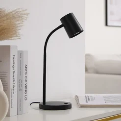 Lindby Radka bordlampe, sort, plast, fleksibel arm