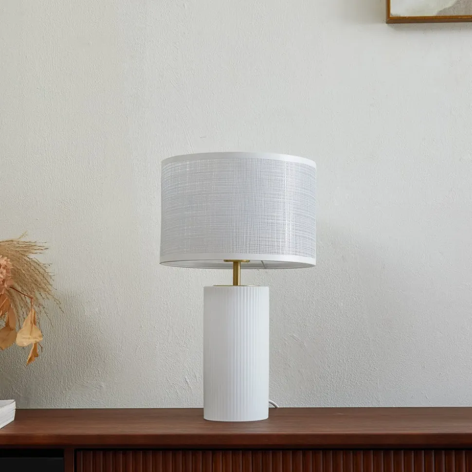 Lindby Sorscha bordlampe, hvid, jern, Ø 26 cm