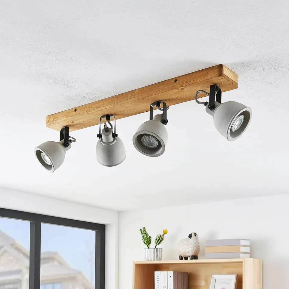 Lindby Spot Mitis, 70 cm, 4 lyskilder, grå, træ, beton, GU10