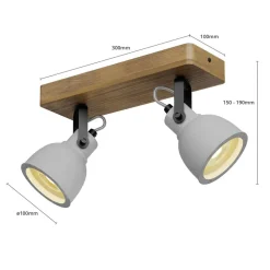 Lindby Spot Mitis, 30 cm, 2 lyskilder, grå, træ, beton, GU10