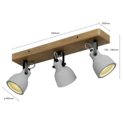 Lindby Spot Mitis, 50 cm, 3 lyskilder, grå, træ, beton, GU10