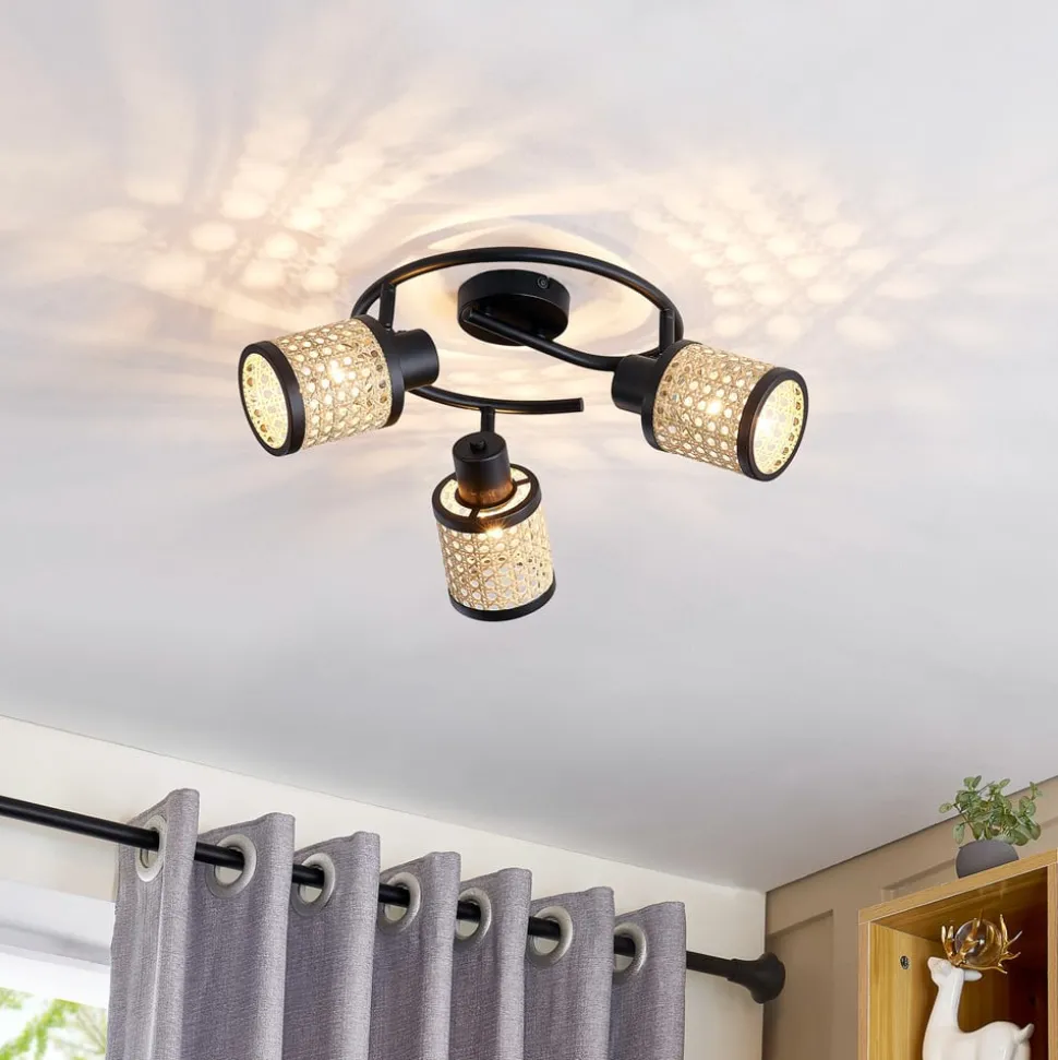 Lindby spot Yaelle, Ø 30 cm, 3 lyskilder, rattan, sort, E27