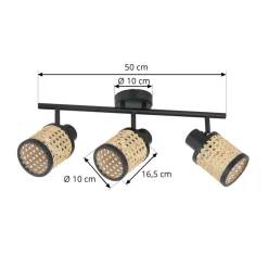 Lindby Spot Yaelle, 52 cm, 3-lys, rattan, sort, E27