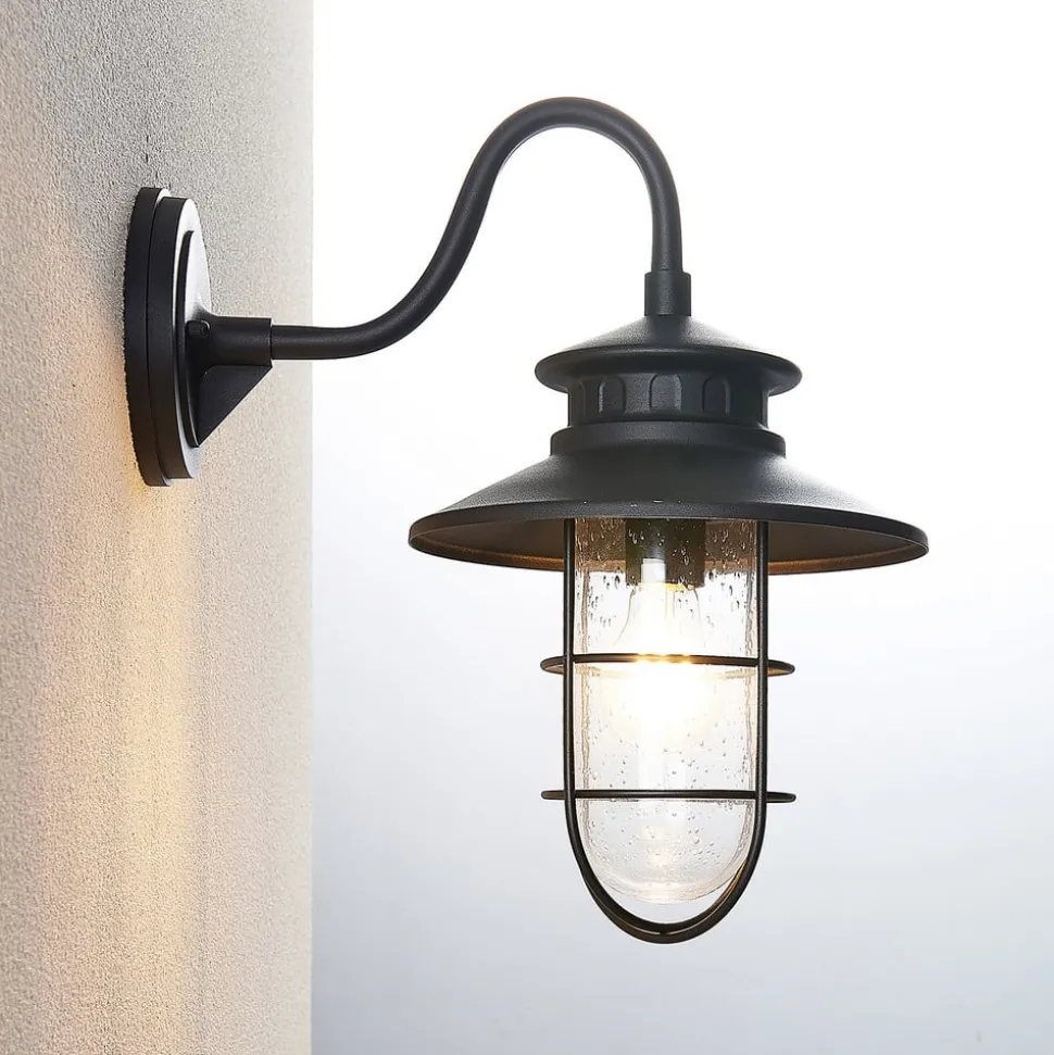Lindby udendørs væglampe Kyan, højde 40 cm, sort, IP44, E27