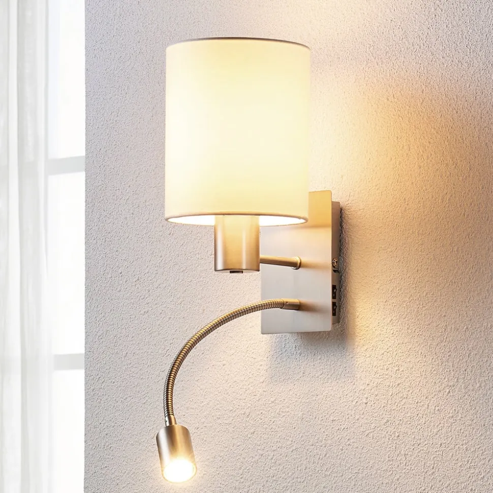Lindby væglampe Shajan, 29 cm, tekstil, E27, LED-læselampe