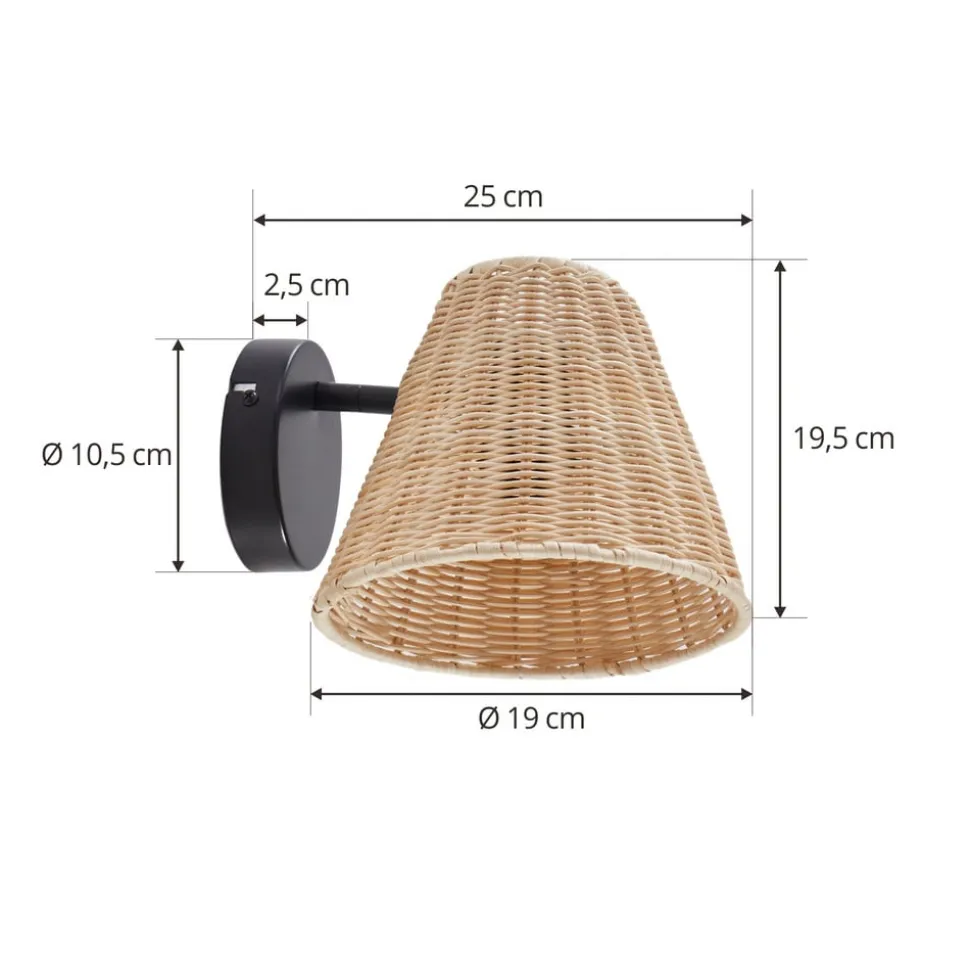 Lindby væglampe Zyralia, træfarvet, rattan, 19,5 cm høj
