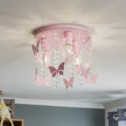 Loftlampe Angelica i pink med sommerfugle