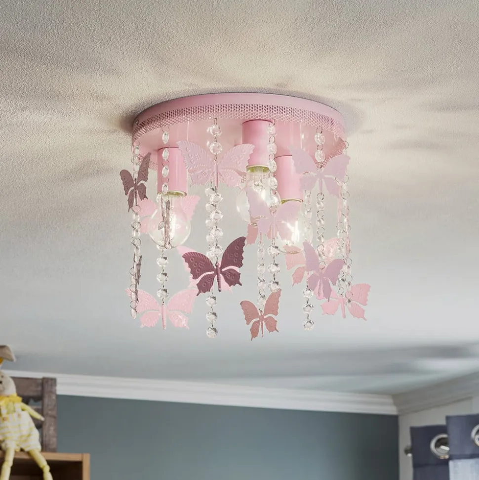 Loftlampe Angelica i pink med sommerfugle